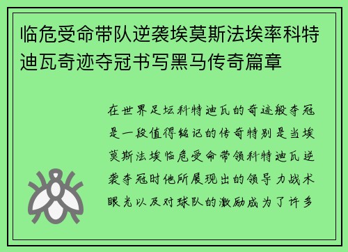 临危受命带队逆袭埃莫斯法埃率科特迪瓦奇迹夺冠书写黑马传奇篇章 临危受命带队逆袭埃莫斯法埃率科特迪瓦奇迹夺冠书写黑马传奇篇章