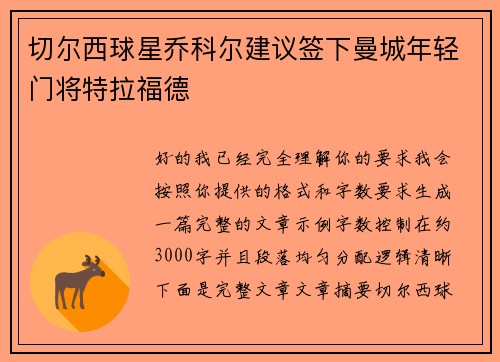 切尔西球星乔科尔建议签下曼城年轻门将特拉福德 切尔西球星乔科尔建议签下曼城年轻门将特拉福德