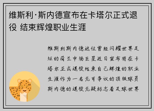 维斯利·斯内德宣布在卡塔尔正式退役 结束辉煌职业生涯 维斯利·斯内德宣布在卡塔尔正式退役 结束辉煌职业生涯
